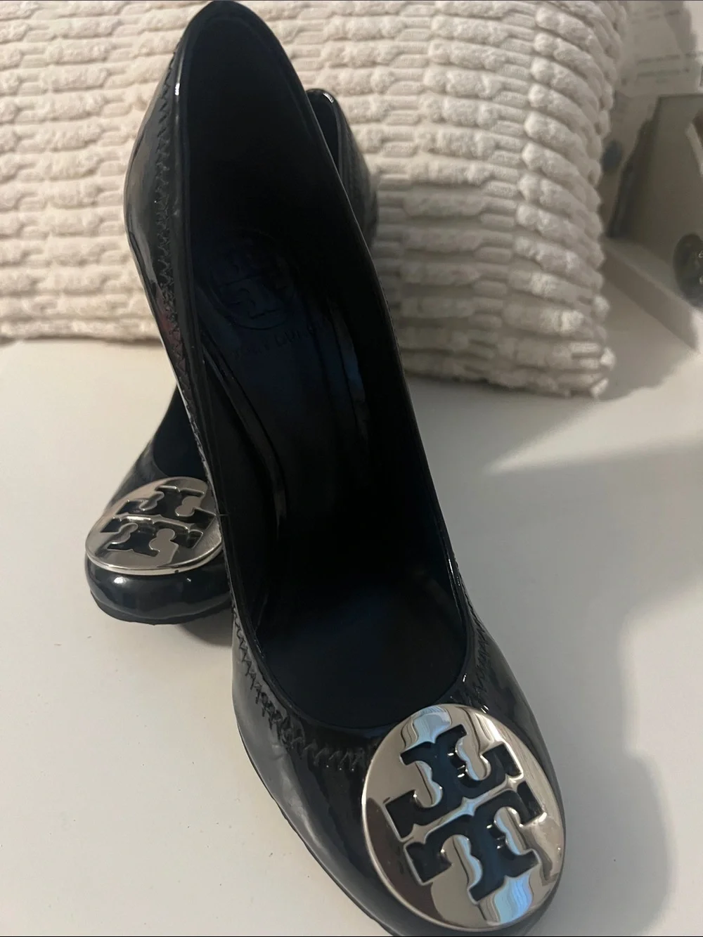Tory Burch Black Patent Wedges with Silver Logo Medallions